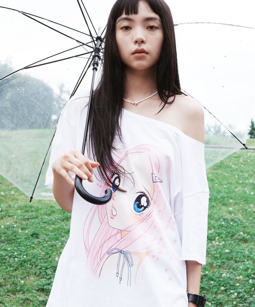원더비지터() Pink HEESU One shoulder T-shirt [White] 상품 이미지