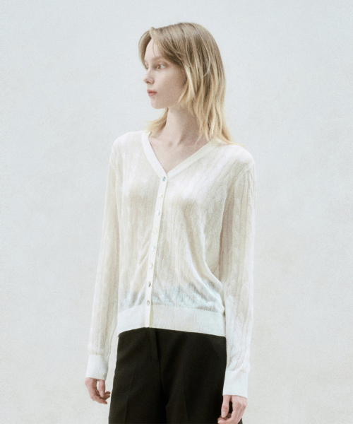 LINEN BLEND CABLE KNIT SHEER CARDIGAN CREAM