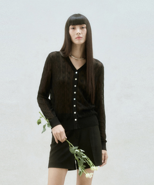LINEN BLEND CABLE KNIT SHEER CARDIGAN BLACK