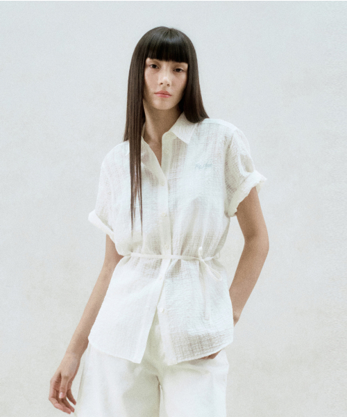 TIE WAIST CHECKED SHEER SHIRT