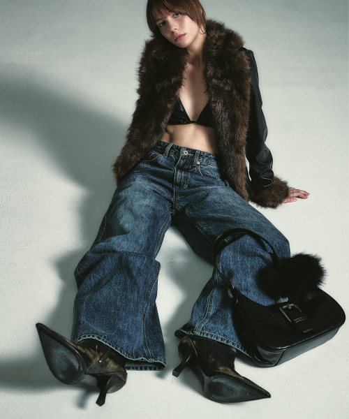 Stack wide denim pants (Dark blue)