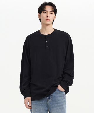 MUSINSA STANDARD MUSINSA STANDARD リップカフス ヘンリーネック 長袖Tシャツ [ブラック] 画像 1