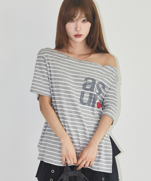 애즈유아() 스트라이프 오프숄더 티셔츠 그레이 상품 이미지