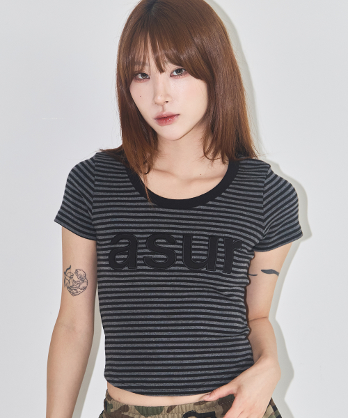 애즈유아() 모노 라인 슬림 티셔츠 스트라이프 차콜 상품 이미지