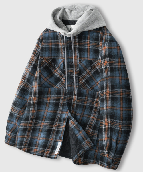 оверсайз FLANNEL карман клетка HOODED куртка [INDIE BLUE]