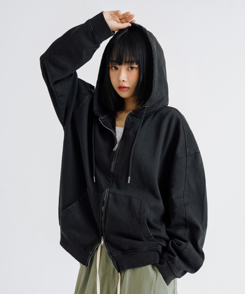 VINTAGE пигмент 2WAY оверсайз капюшон ZIP-UP [CHARCOAL]