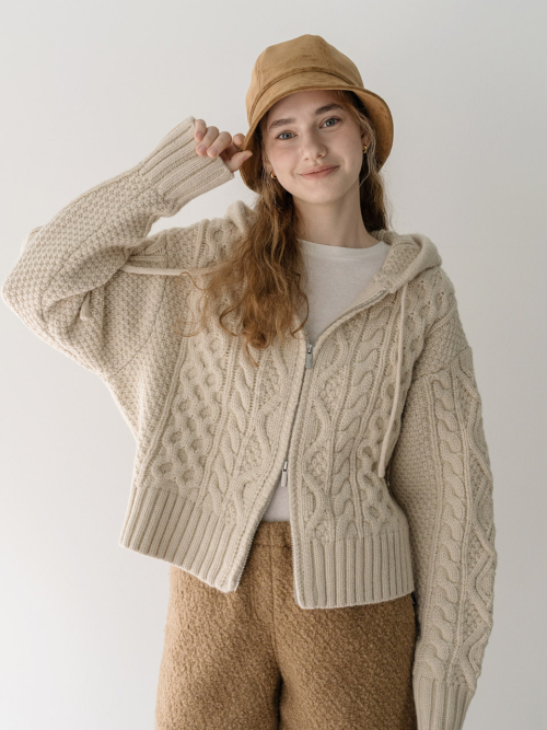 Cable two way knit zipup кардиган - бежевый