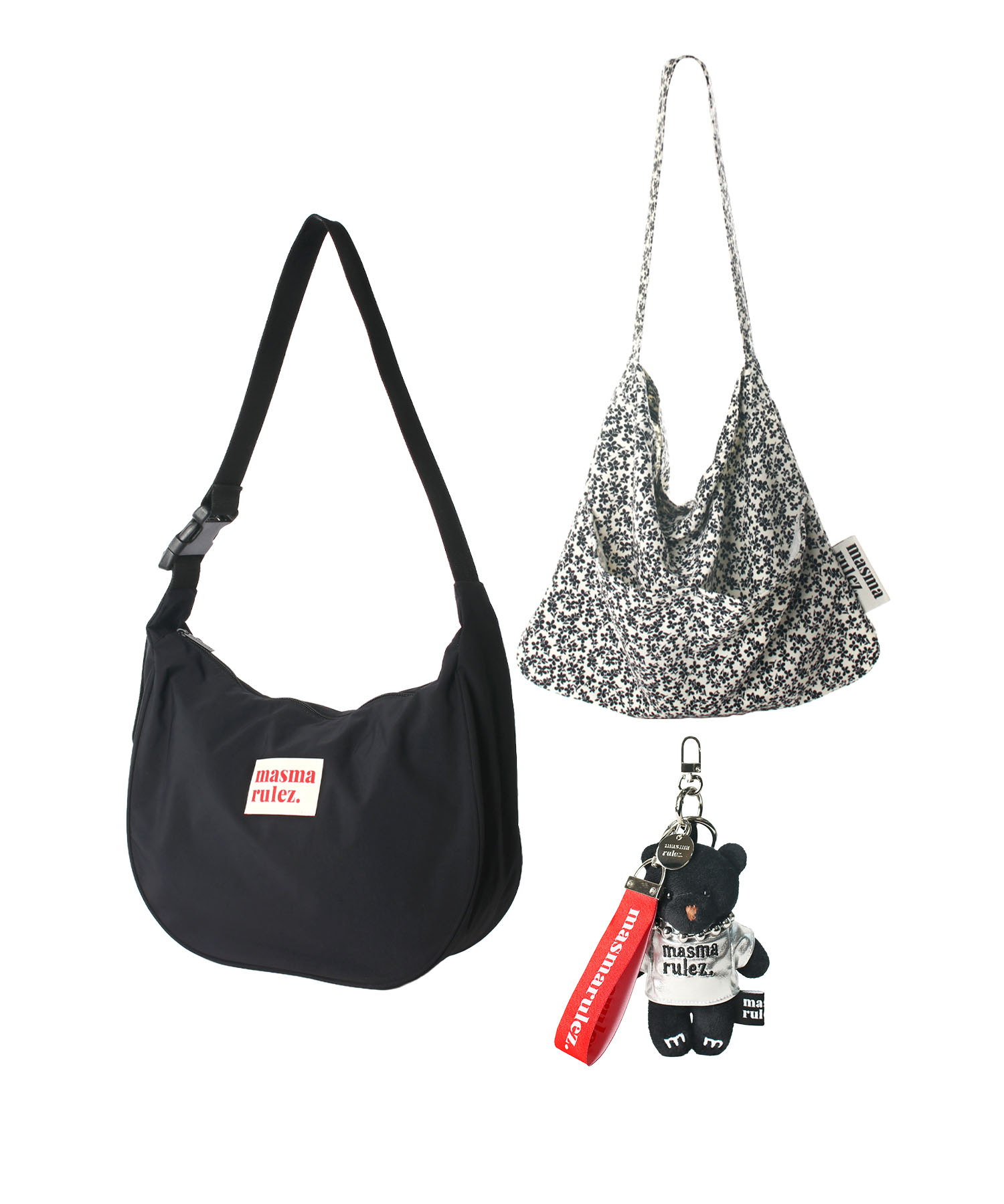 [SET] Halfmoon cross bag_black & Rabbit eco bag_Black flower & BB KEYRING SET
