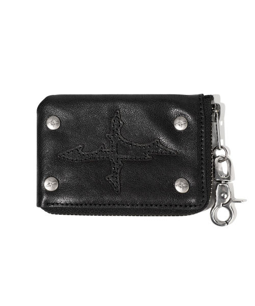 Patched кожа Side Zipper Card Wallet - чёрный