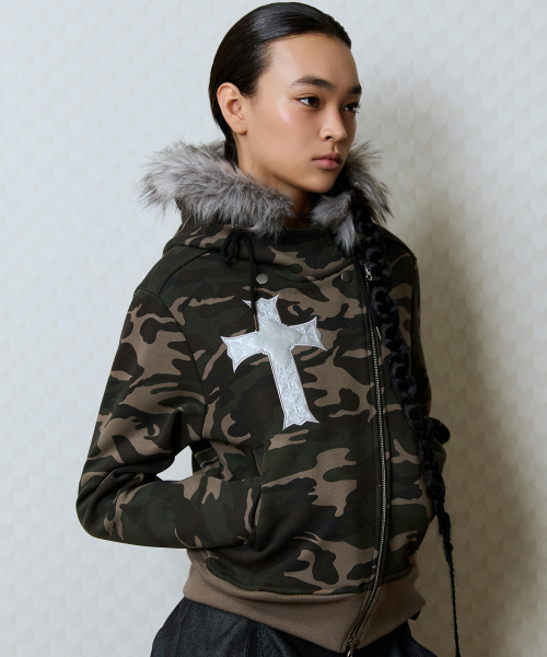 GT FUR UNBALANCE HOOD ZIP UP(CAMO)