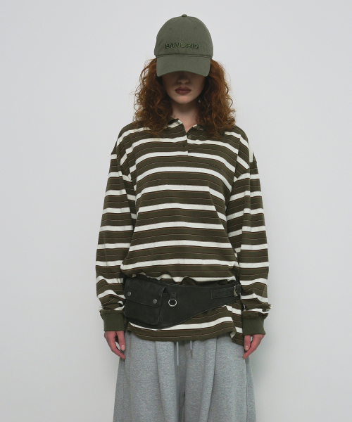 STRIPE OVERFIT COLLAR T-SHIRT_хаки