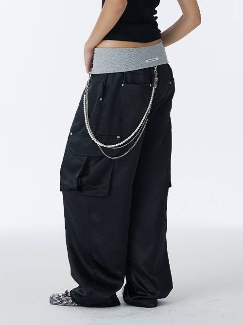 Широкие атласные брюки карго (Black)