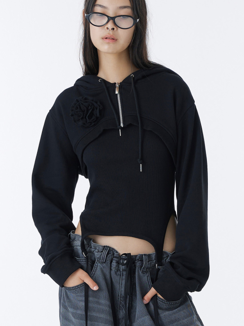 Укороченный худи на молнии с корсажем (Black)