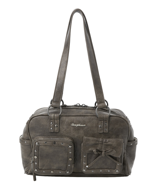 Stud Washed Leather Shoulder Bag [BROWN]