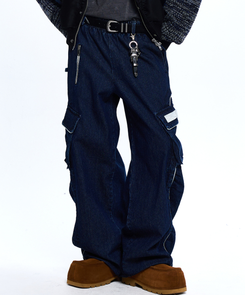 WRINKLE MIXED STRIPE CARPENTER DENIM PANTS - DENIM