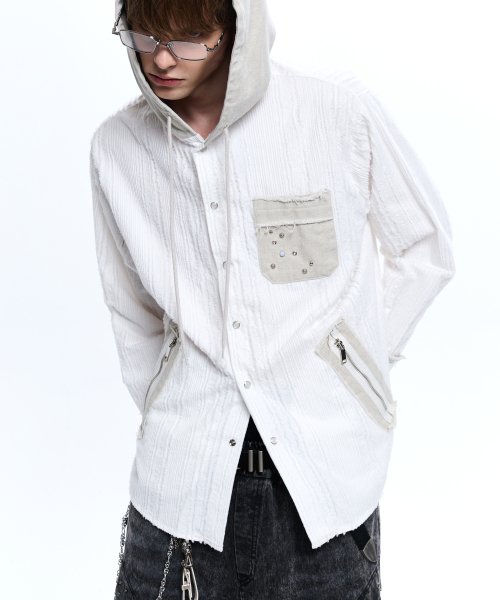 DENIM MIXED TRIMMING JACQUARD HOOD SHIRT - WHITE