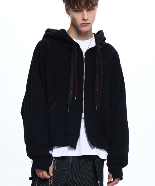 DENIM STRAP CROP HOOD ZIPUP - BLACK