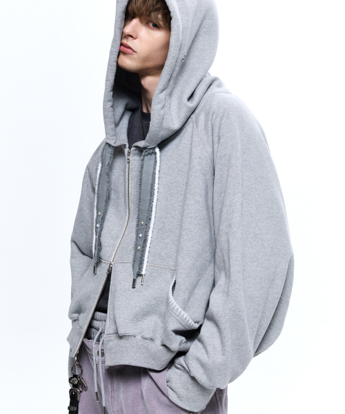 DENIM STRAP CROP HOOD ZIPUP - MELANGE