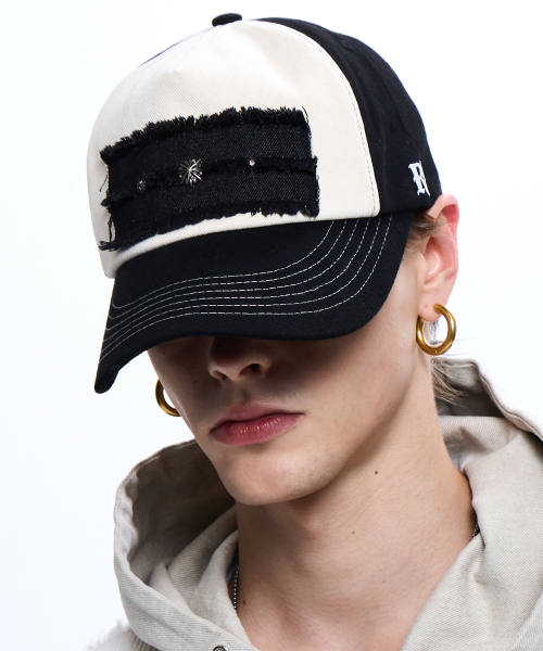 DENIM PATCHED RIVET BALL CAP - BLACK/IVORY