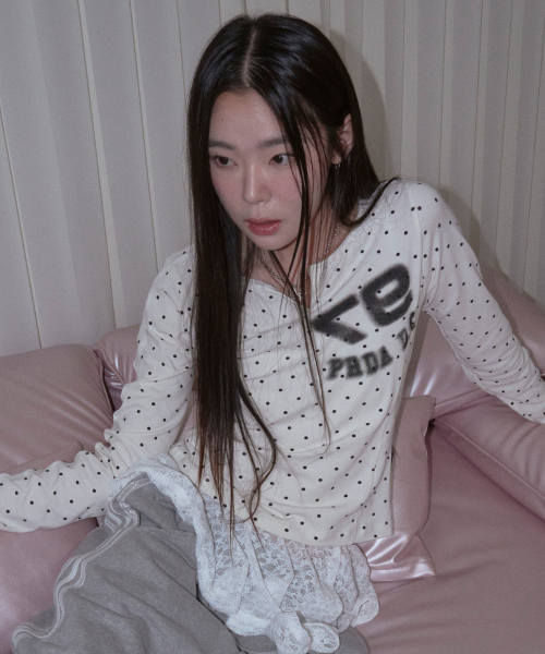 LACE NECK BUTTON DOT LONG SLEEVE IVORY
