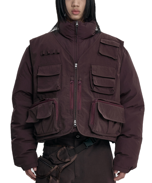 Cargo Vest Layered Padded Jacket [BROWN]