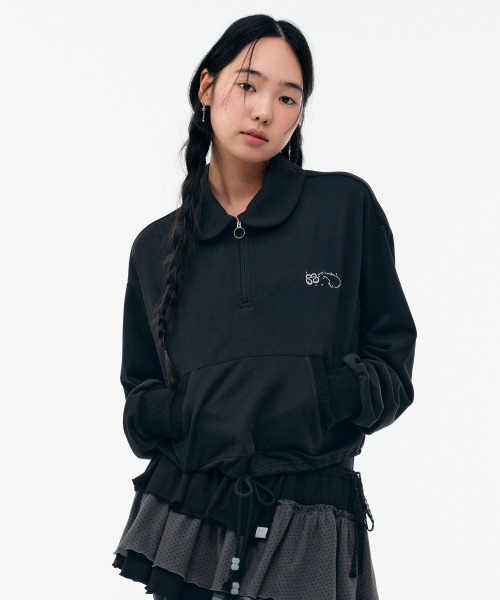 ROUND COLLAR STRING TOP [BLACK]