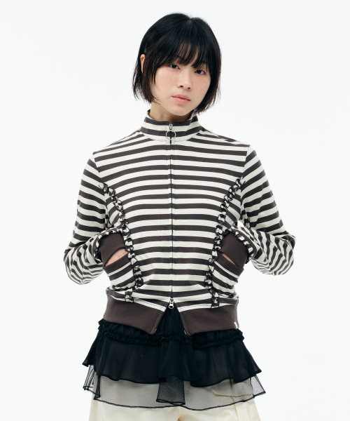 STRIPE RUFFLE JERSEY ZIP-UP [CHARCOAL]