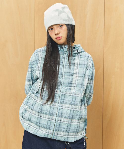 HOODED CHECK WIND BREAKER GREEN(CV2FSUB962A)