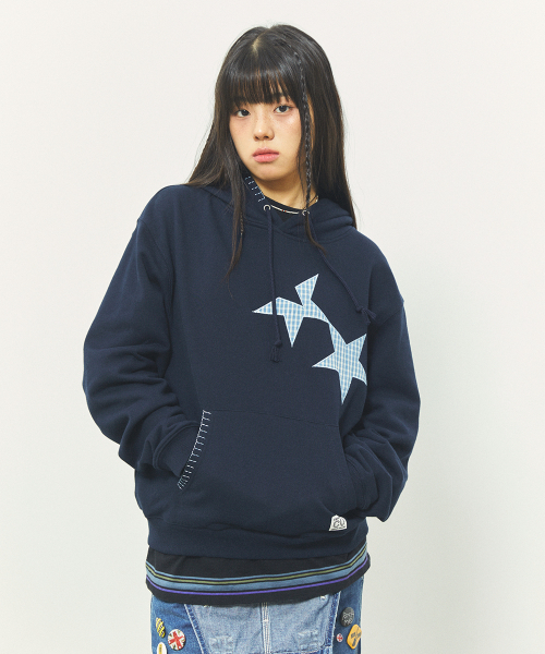 TWIN STAR APPLIQUE HOODIE NAVY(CV2FFUM401A)