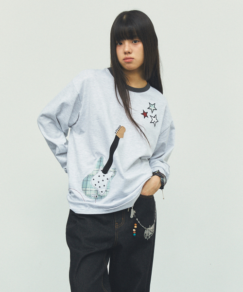 GUITAR APPLIQUE LS TEE LIGHT GREY(CV2FFUT553A)