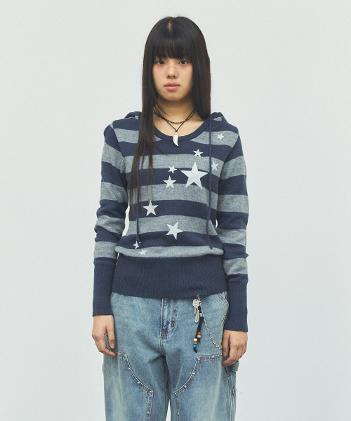 [기명, 매미pick] W U NECK STRIPED STAR KNIT HOODIE NAVY(CV2FFFK601A)