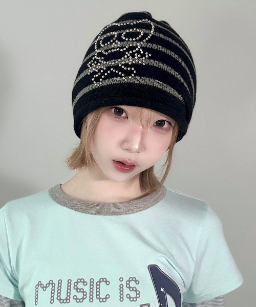 [기명, 매미pick] SKULL CAT STRIPED BEANIE BLACK(CV2FFUAB32A)