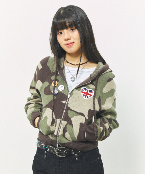 [매미 pick] W UNION JACK KNIT ZIP UP HOODIE CAMO(CV2FFFK681A)