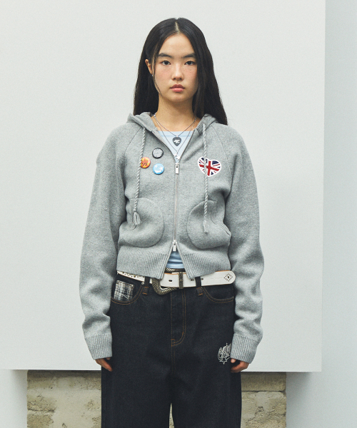 W UNION JACK KNIT ZIP UP HOODIE GREY(CV2FFFK681A)