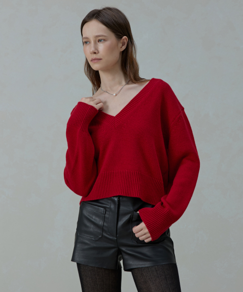 Moana renew шерсть cropped v-neck knit_red