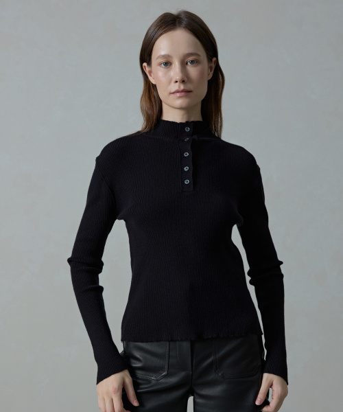 Aera tension-fit henley rib half-neck knit_black