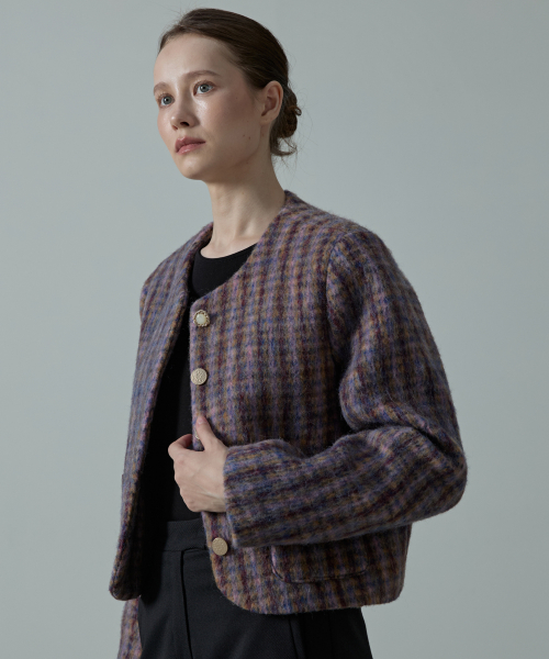 Florene шерсть check пуговица tweed jacket_purple