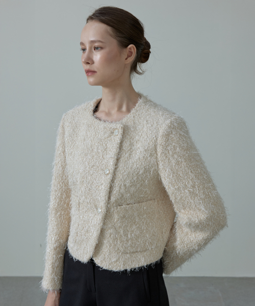 Glitter шерсть metallic pearl tweed пуговица jacket_cream