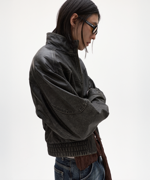 Кожаный бомбер Baron из воловьей кожи - Washed Black