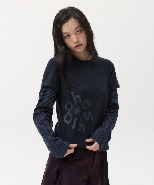 오헤시오(OHESHIO) LOGO LAYERED STRIPE LONG T-SHIRT, NAVY