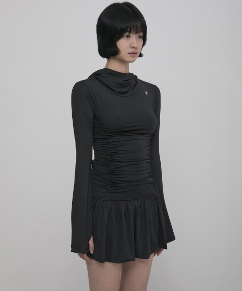 Hooded High Neck Long Dress (FL-185_Black)