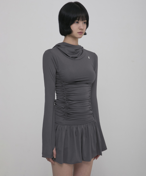Hooded High Neck Long Dress (FL-185_Charcoal)