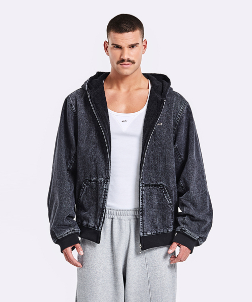 Oversized Denim Hoodie Zip-Up - Black