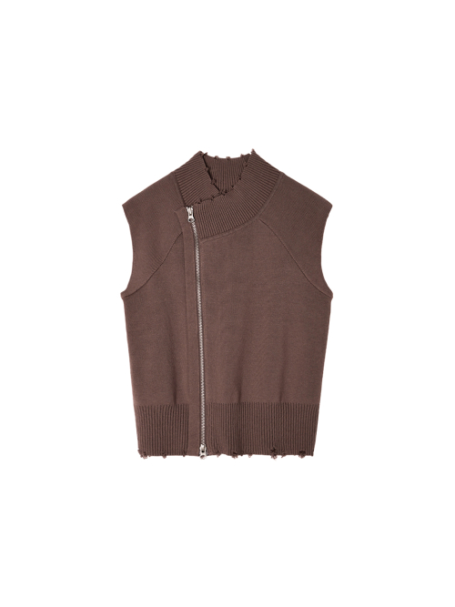 HIGH NECK LOGO KNIT ZIP UP VEST IN BROWN