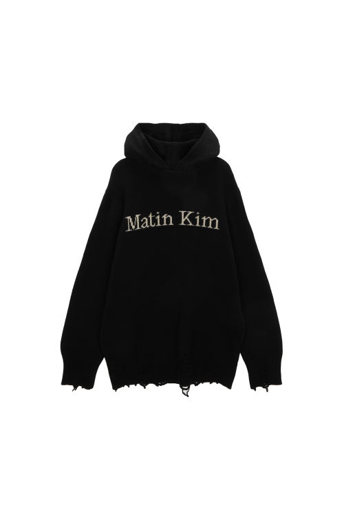 MUSINSA公式 | MATIN KIM DAMAGE LOGO KNIT HOODIE IN BLACK