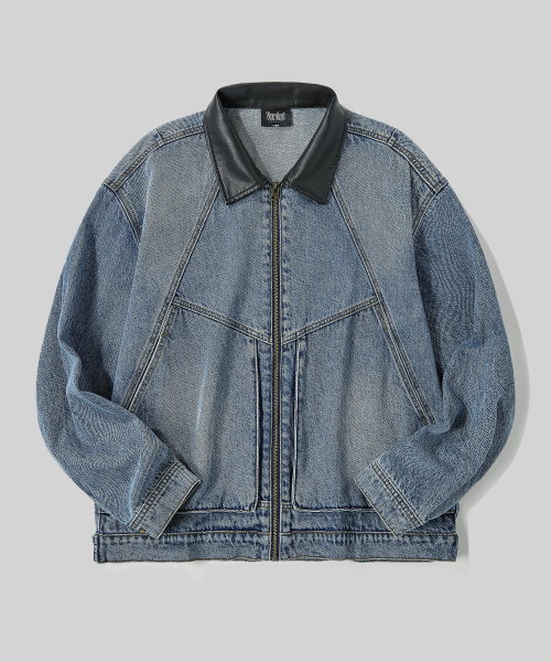 Джинсовая куртка на молнии с кожаным воротником [Indigo]