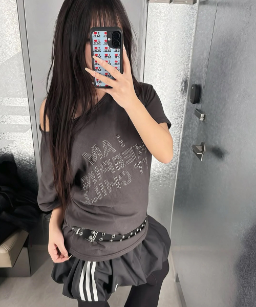 HOTFIX ONE-SHOULDER UNBALANCE T-SHIRT-CHARCOAL