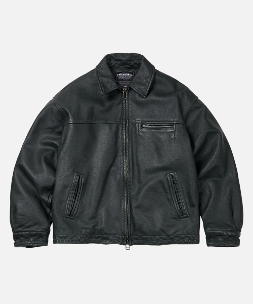 DESTROYED COWHIDE LEATHER JACKET _ WASHED OLIVE