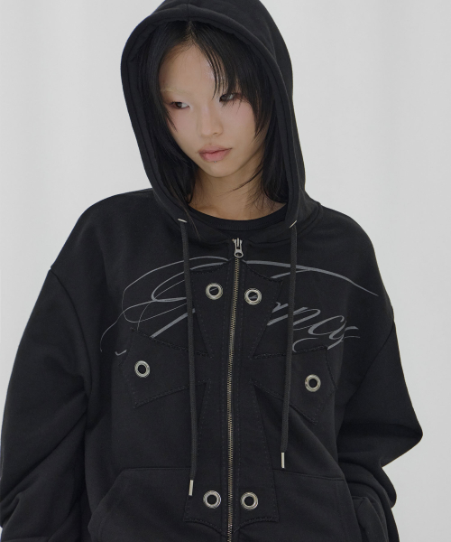 BIG CROSS EYELET HOODED ZIP-UP (BLACK) F26QB038