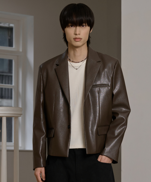Кроп-жакет 25 FW 2-button_leather (Smoky Khaki)